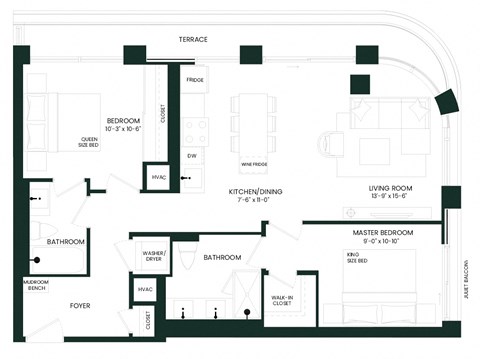Floor plan for 2 beds, 2 baths, 902 sqft
